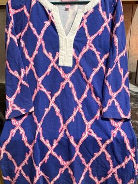 Lilly Pulitzer Navy Blue Midi Dress with Pink Lattice Print and white Trim